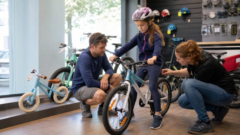 Dětské kolo opřené o zeď, vedle něj stojí dítě v cyklistické přilbě