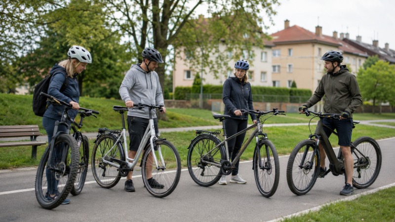 Několik různých typů jízdních kol stojících vedle sebe u stojanu