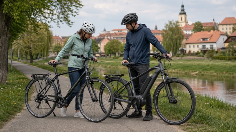 Elektrokolo a klasické kolo opřená vedle sebe u cyklostezky