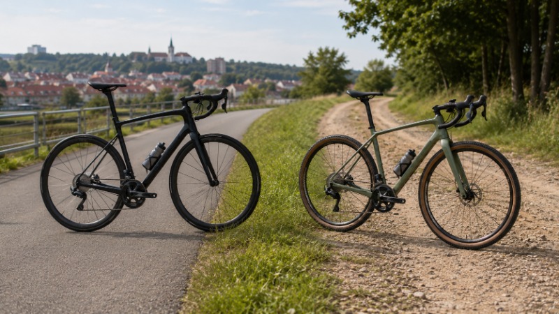 Gravel kolo a silniční kolo opřená vedle sebe o zeď na kraji asfaltové silnice