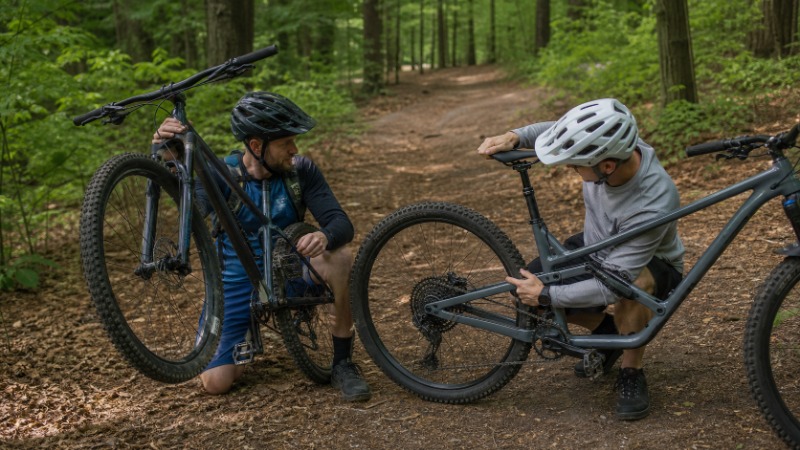 Hardtail a celoodpružené horské kolo stojící vedle sebe na kamenité lesní stezce