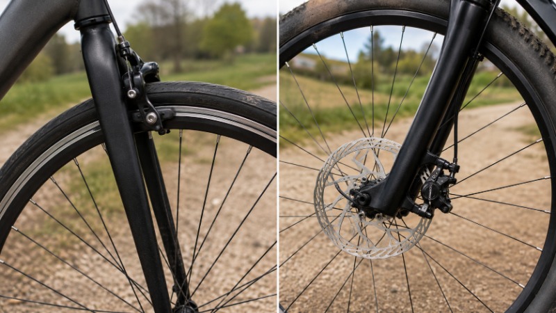 Detail kotoučové brzdy na předním kole jízdního kola vedle ráfkové brzdy na jiném kole