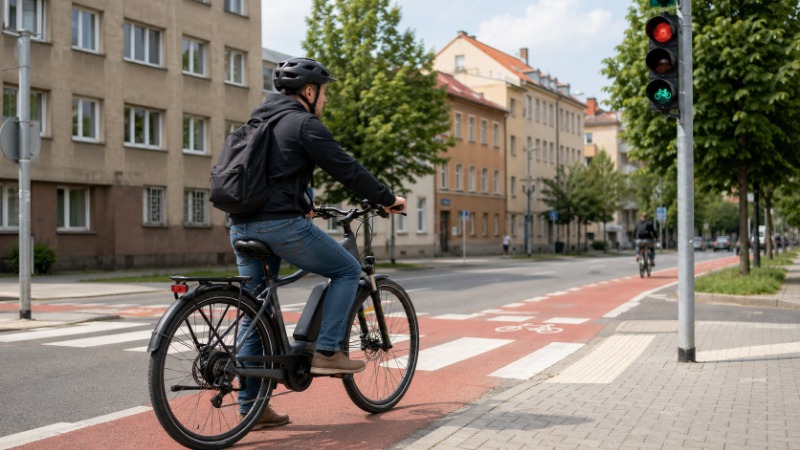 Elektrokolo na cyklostezce s dopravní značkou pro cyklisty v pozadí