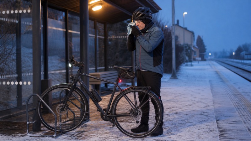 Cyklista v zimním oblečení s čepicí pod helmou a rukavicemi jede na kole zasněženou cyklostezkou