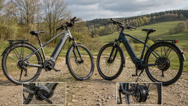 Detailní záběr na středový motor u klik elektrokola vedle záběru na motor v zadním náboji