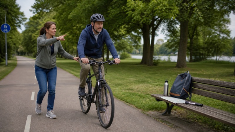 Začínající cyklista v přilbě na kole na zpevněné cyklostezce podél řeky