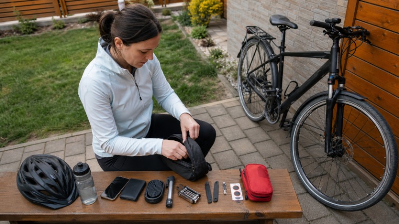Obsah malé cyklistické brašny pod sedlo rozložený na stole: duše, hustilka, multiklíč a montpáky